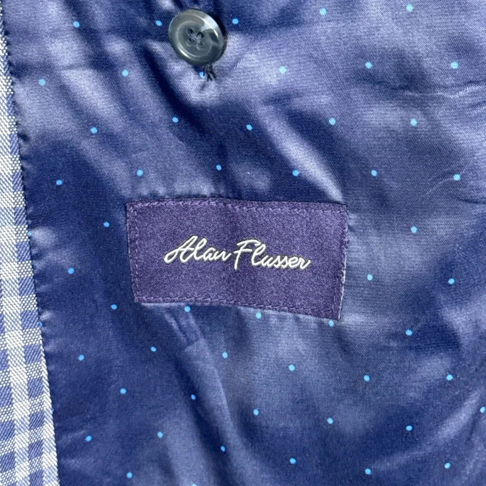 Alan Flusser Sport Coat Mens 46L Blue Gingham Check Stretch Polyester Blazer